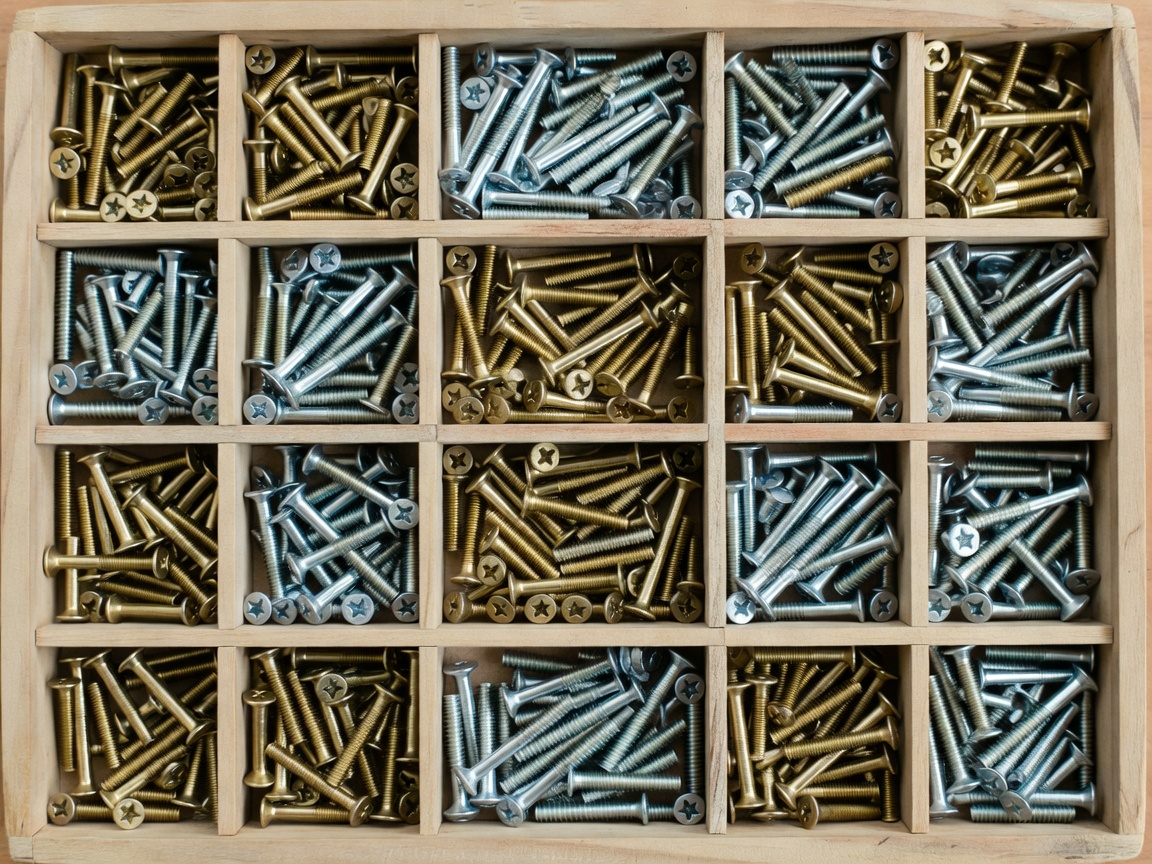 Assorted brass and steel screws in a sorting tray