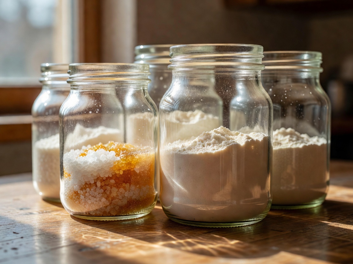 Close-up of thick glass jars illuminated by natural light