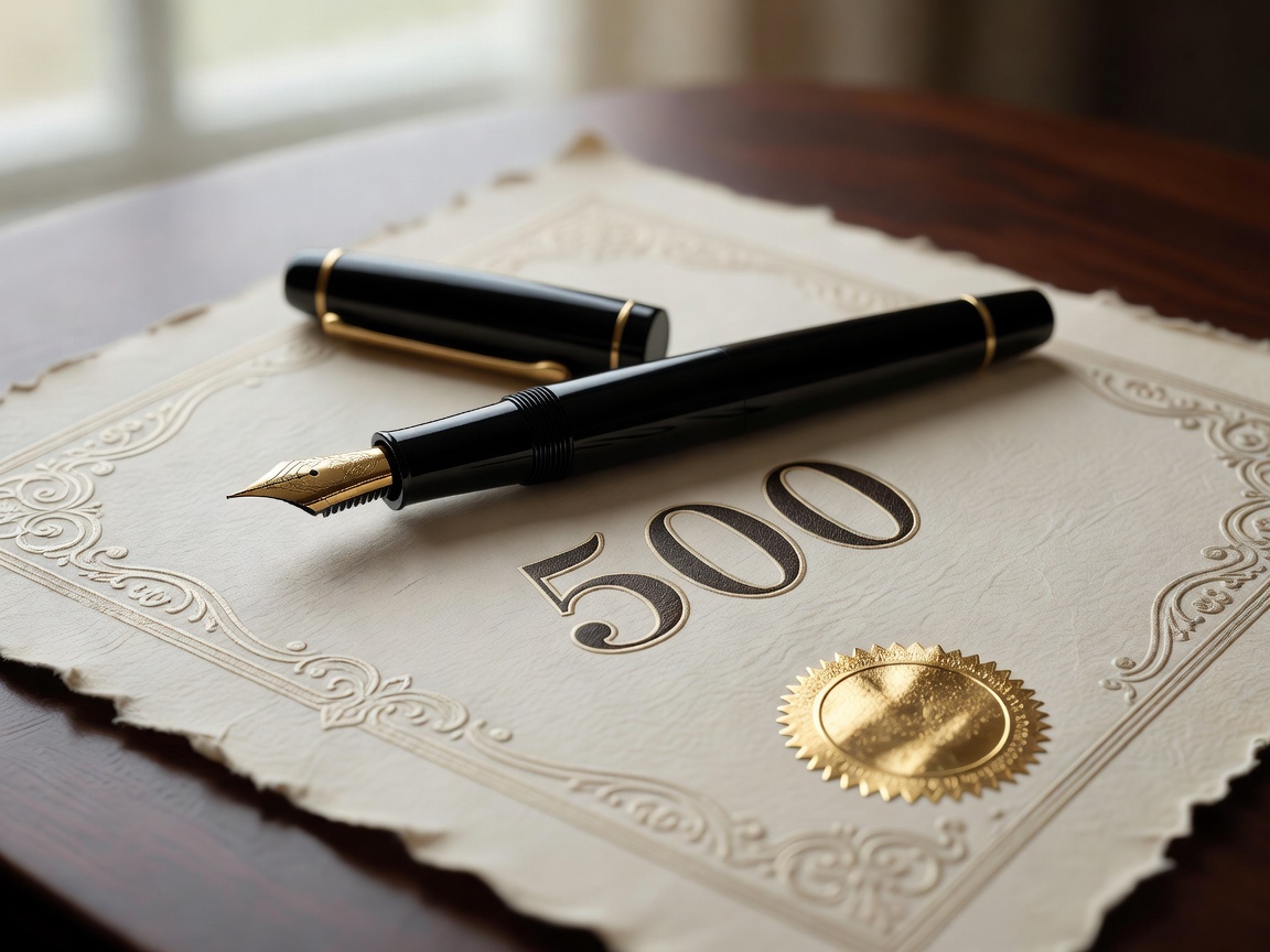Detailed view of a fountain pen resting on an official certificate