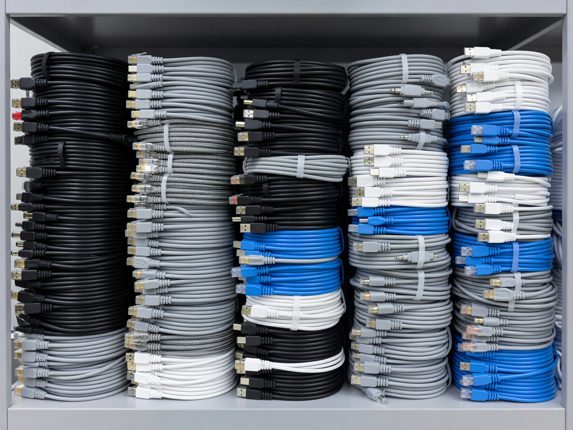 Neatly coiled electronic cables with visible connector heads