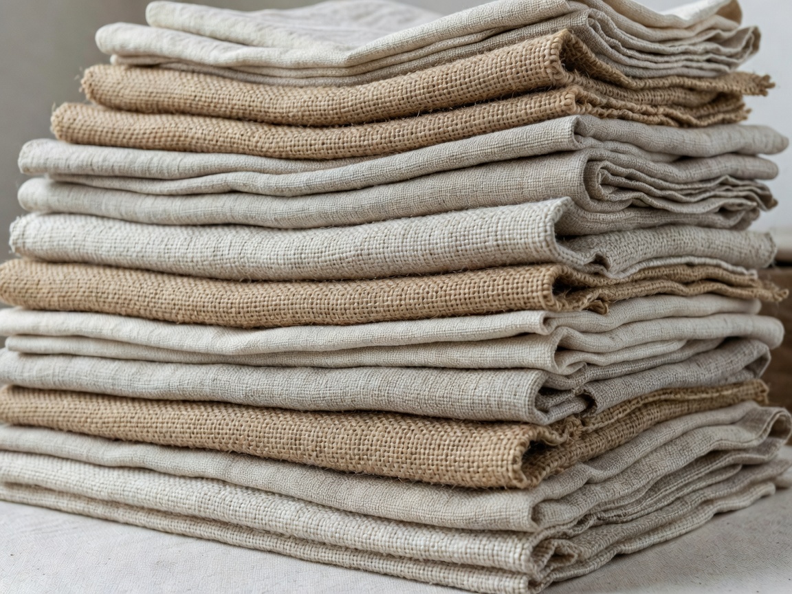 Stacked natural fiber textiles showing woven textures
