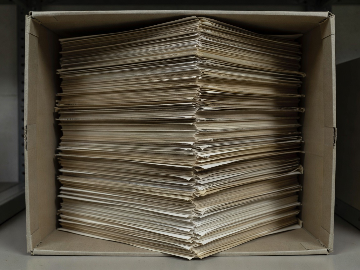 Stacked paper records in an archival box