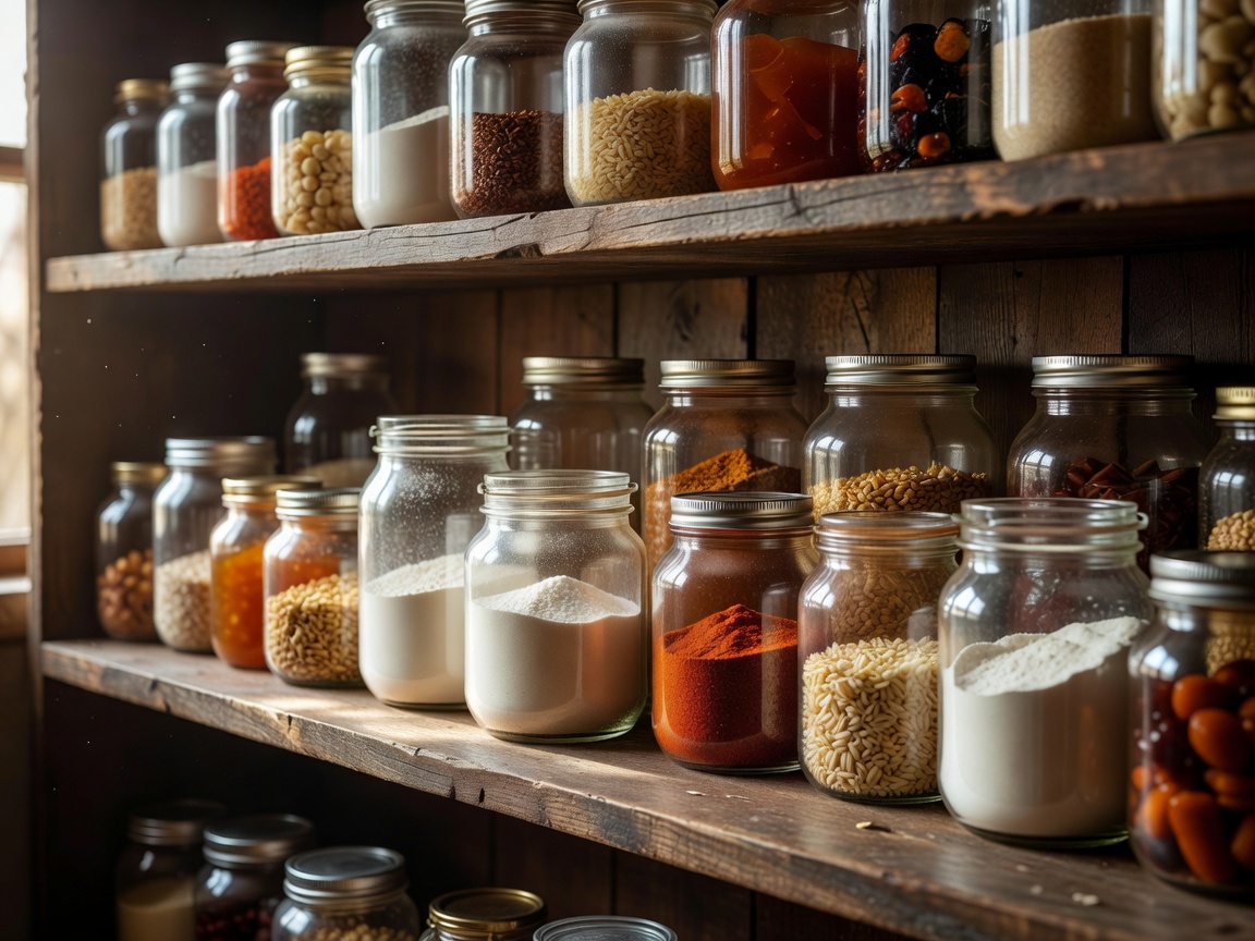 Various glass jars arranged on a wooden shelf